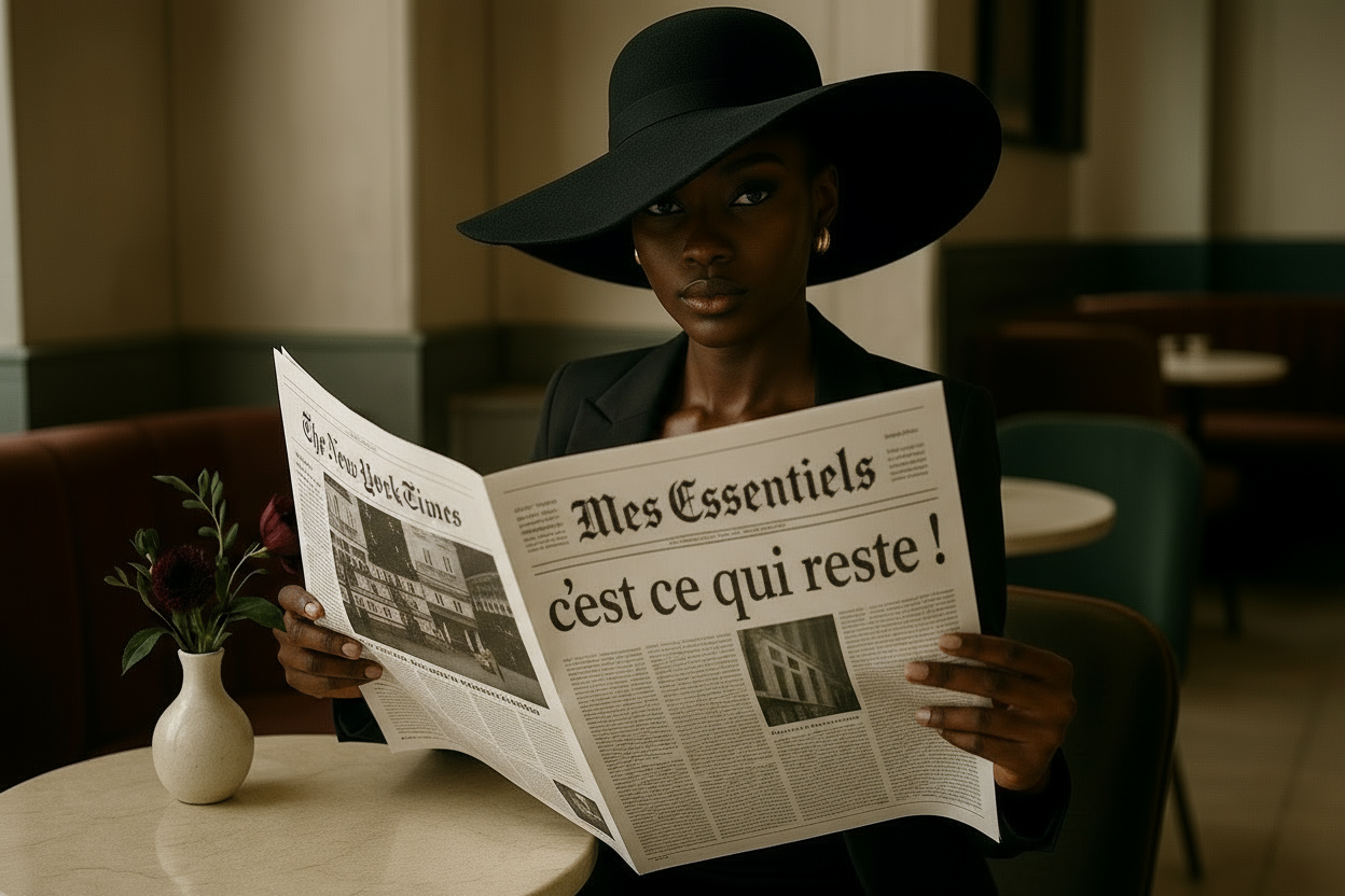 garde la meme image avec le verre de café posé et la femme en train de lire le journal